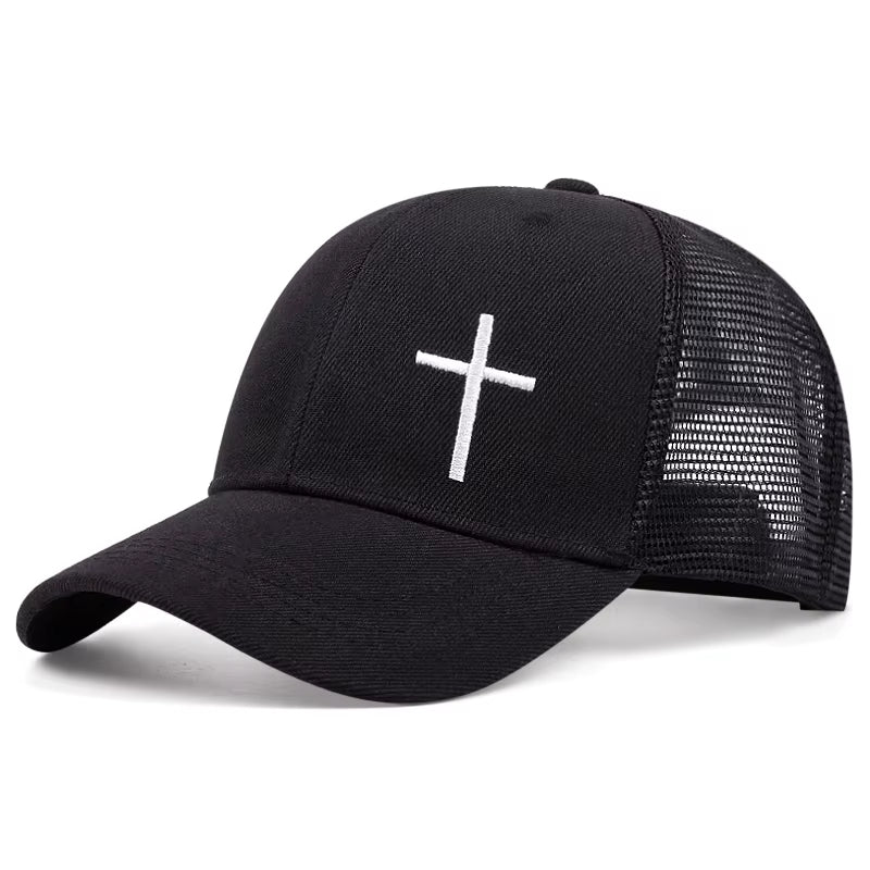 ﻿ Men Women Cross Embroidery Net Hats Breathable Baseball Cap Hip Hop Hat Summer Leisure Trucker Caps Unisex Snapback Hats