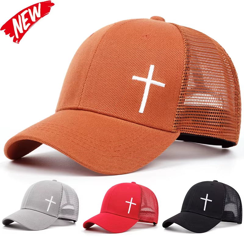 ﻿ Men Women Cross Embroidery Net Hats Breathable Baseball Cap Hip Hop Hat Summer Leisure Trucker Caps Unisex Snapback Hats