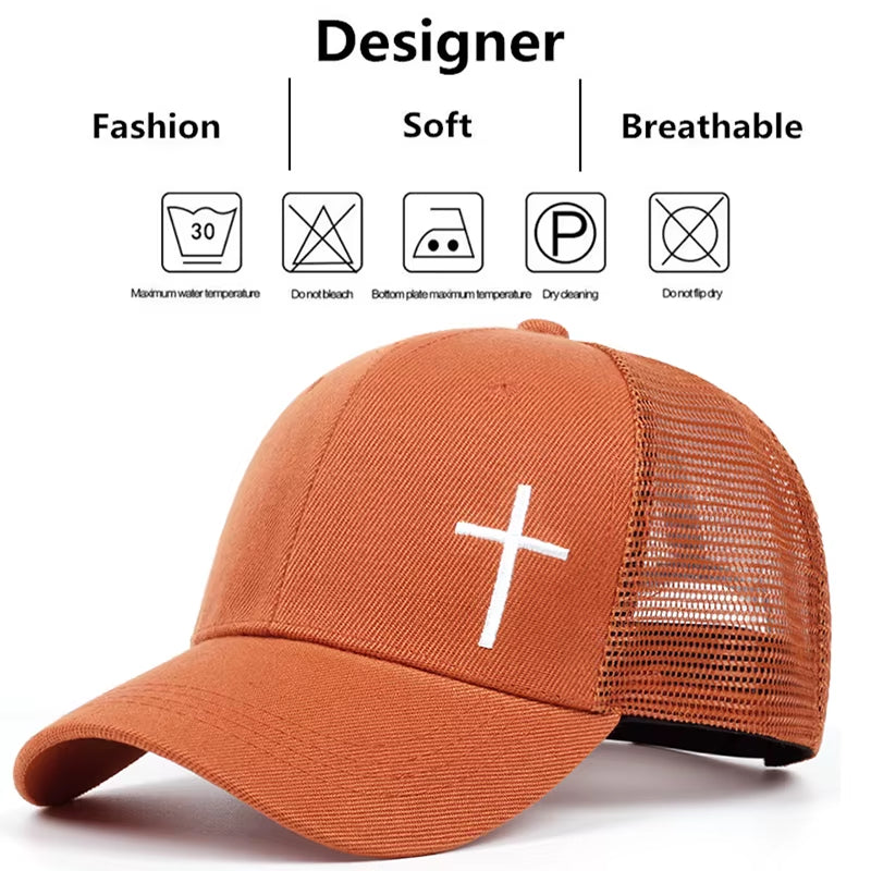 ﻿ Men Women Cross Embroidery Net Hats Breathable Baseball Cap Hip Hop Hat Summer Leisure Trucker Caps Unisex Snapback Hats
